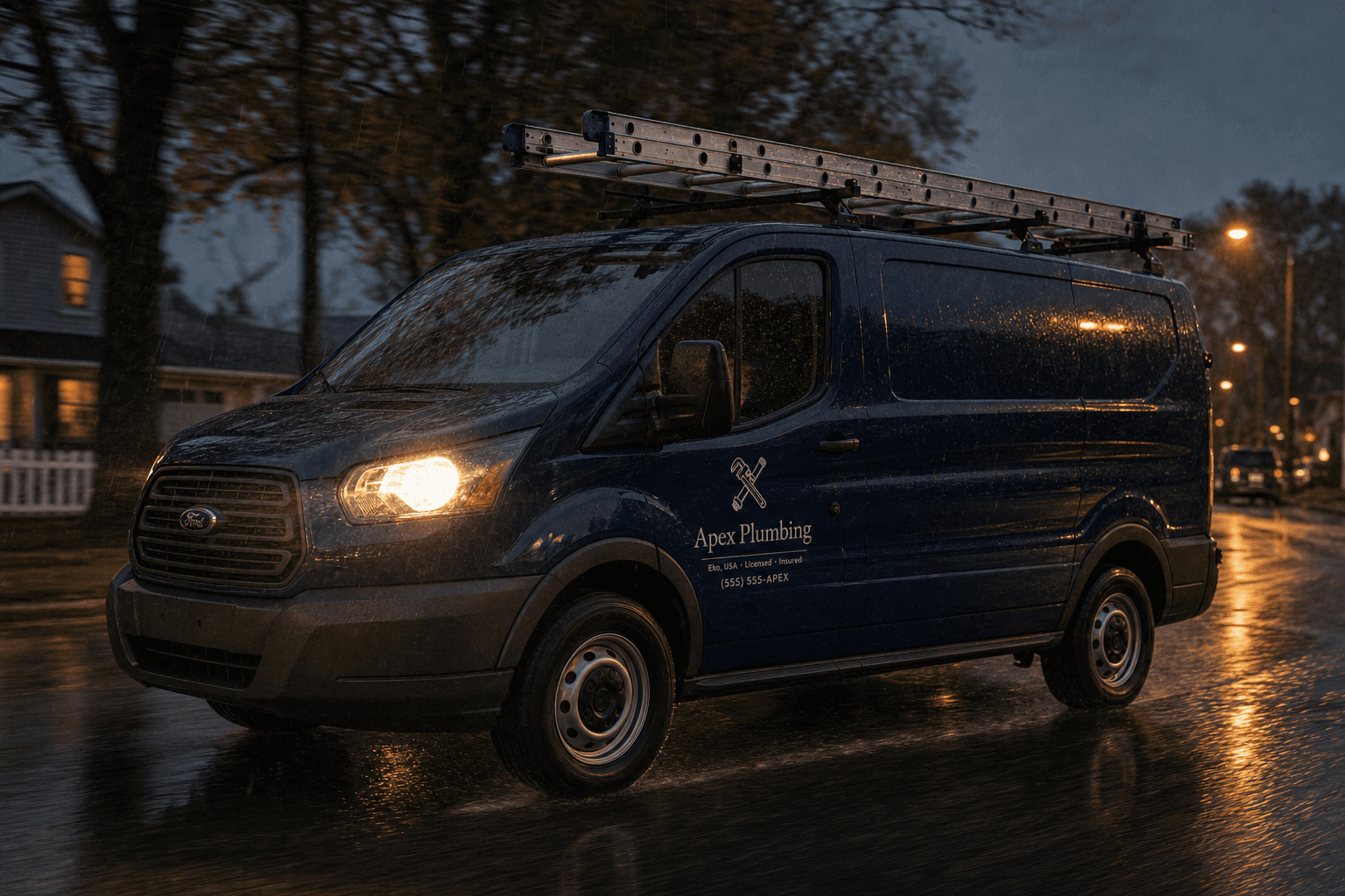 An Apex Plumbing service van on a rain-soaked suburban street at dusk, headlights cutting through the wet pavement.